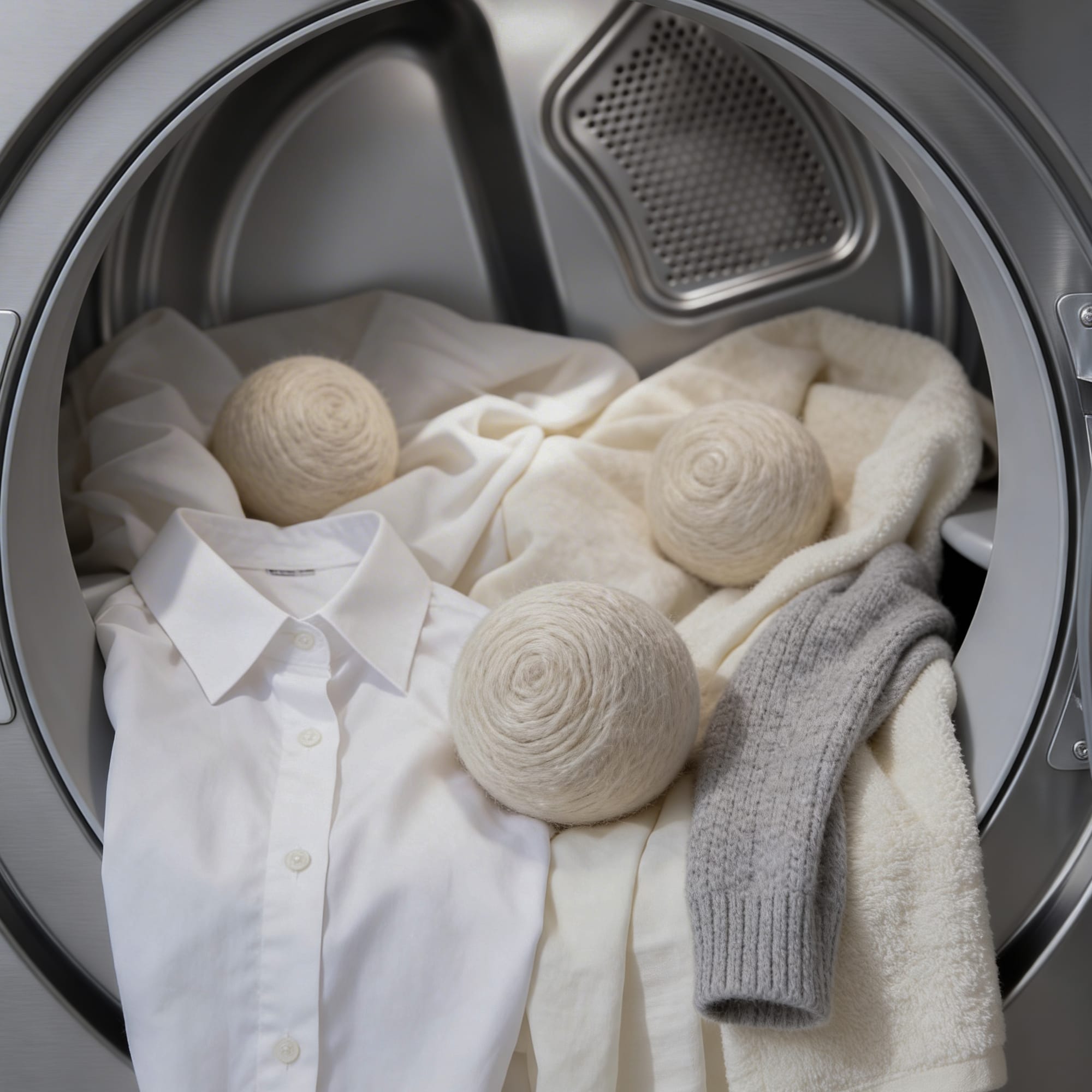 Metsgo Light Edition wool dryer balls with white laundry in dryer